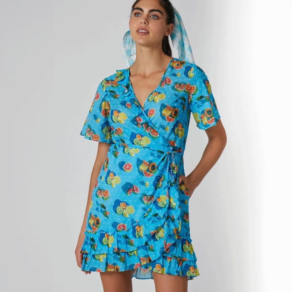 Rachel Antonoff Women’s Small Abby Wrap Dress Fruit Tropical Mini Dress Coquette